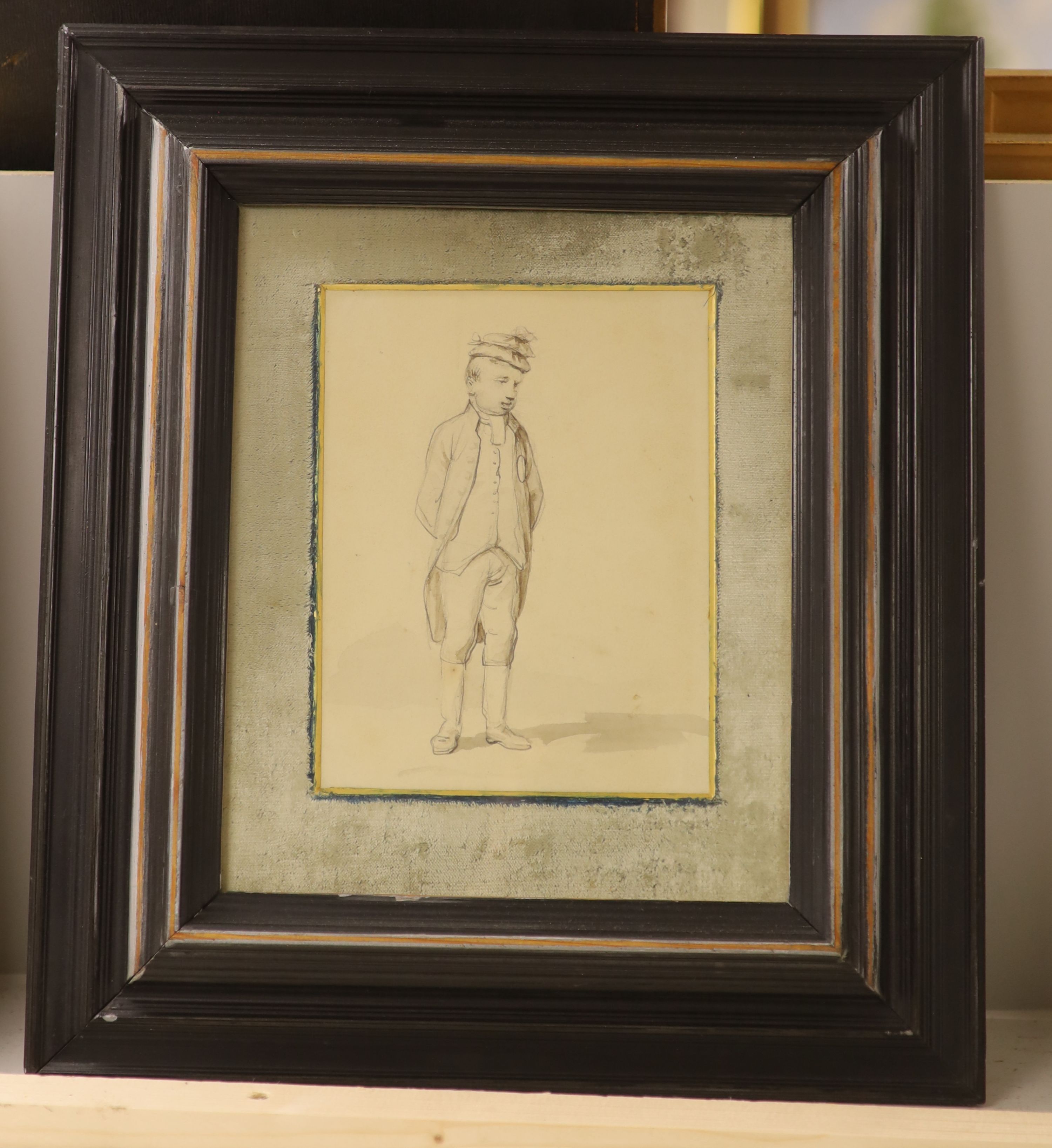Early 19th century English School, watercolour and pencil, Study of a standing man, 19 x 14.5cm